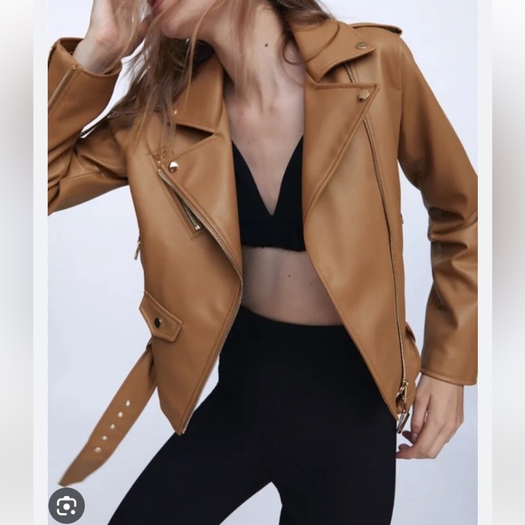 Zara bloggers favourite Women Faux Leather Biker Jacket Light Camel Size L - Picture 1 of 15